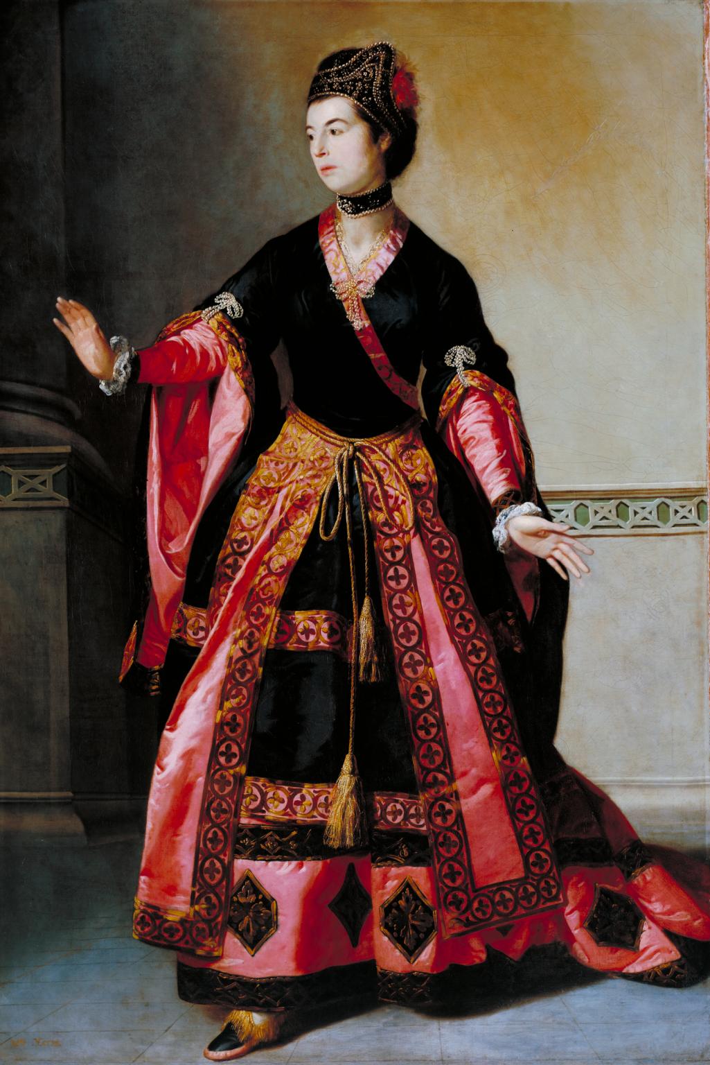 Retrato de Mary Ann Yates como «Mandane» en la tragedia del dramaturgo irlandes Arthur Murphy «El huérfano de China». Estaba basada a su vez sobre la obra homónima de Voltaire y esta fue, de la misma manera, una adaptación de la original escrita por Ji Junxiang (纪君祥). Imagen de Tilly Kettle. Wikimedia commons, dominio público para «The Orphan of Zhao».