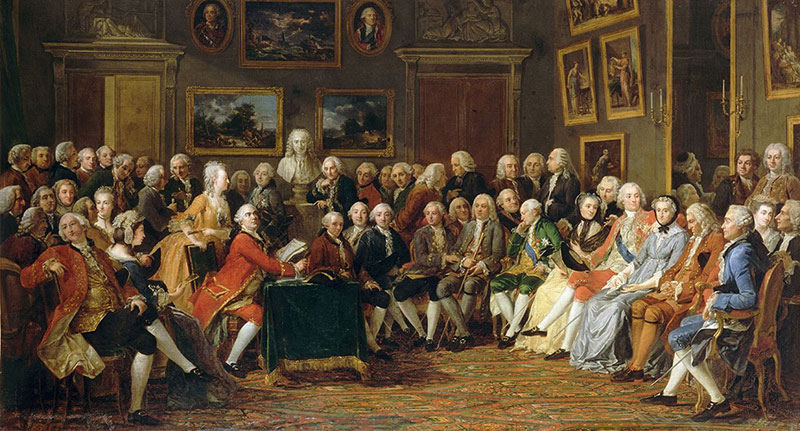 Primera lectura en 1755 de la obra de Voltaire «L'Orphelin de la Chine». Pintura de Anicet Charles Gabriel Lemonnier. Wikimedia commons, dominio público para «L'Orphelin de la Chine».