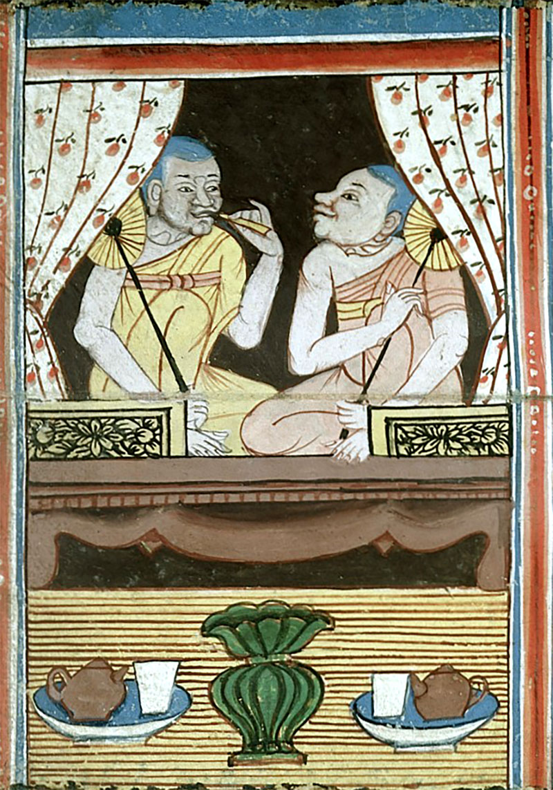 Monjes budistas asiáticos disfrutando de un té chino con pastas. El té llegaba a Asia a través de la Ruta del Té y del Caballo. Imagen: Wikimedia CC-BY-4.0.