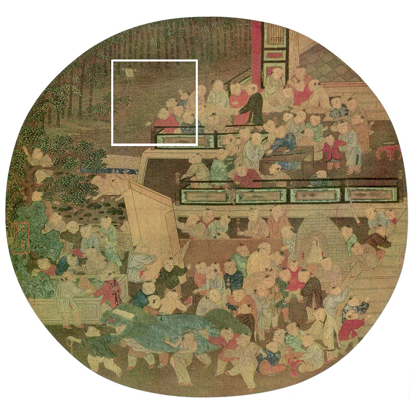 La imagen tiene marcada en un recuadro blanco a un niño jugando con una cometa. Se trata de «Un centenar de niños jugando en primavera». Pintura de Zu Hanchen (苏汉臣), 1130-1160) de la dinastía Song. Foto: Wikimedia commons, dominio público.