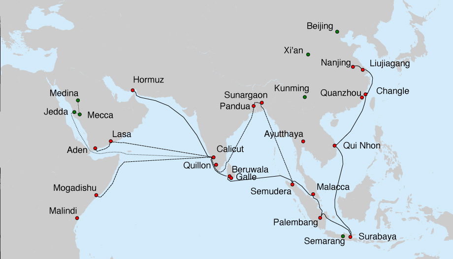 Viajes de Zheng He entre 1405 y 1433. Wikimedia commons, dominio público.