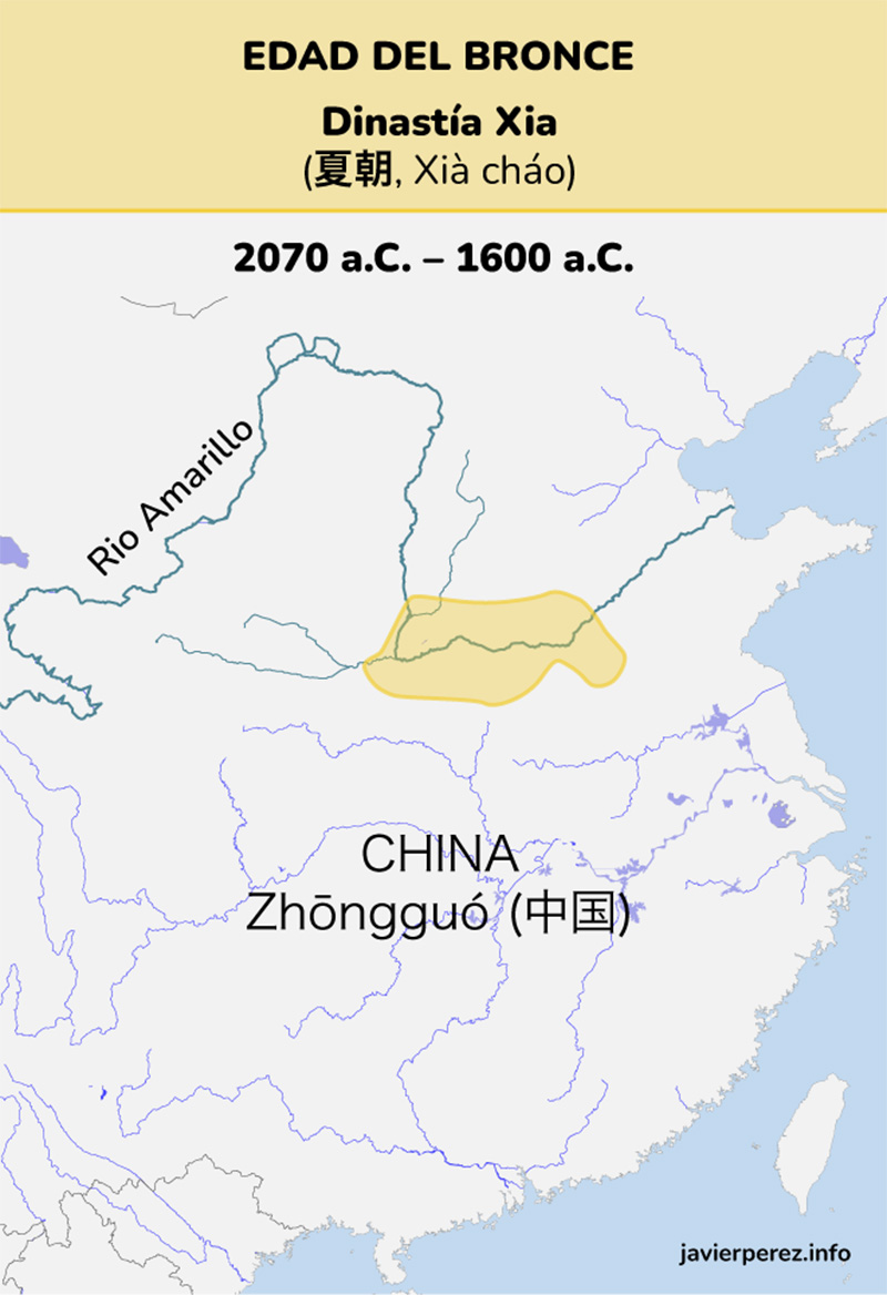 Expansión de la dinastía Xia en el riio Amarillo. Mapa de javierperez.info