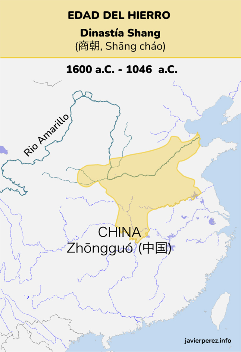 Expansión de la dinastía Shang en el riio Amarillo. Mapa de javierperez.info