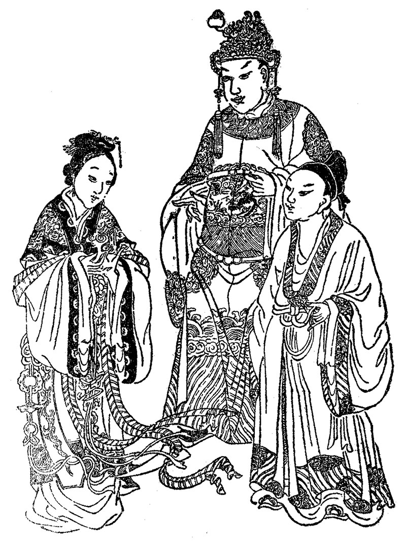 A la izquierda, Lady Zhen, primera esposa de Cao Pi. En el centro, el propio Cao Pi. A la derecha, Cao Zi, el hermano de Cao Pi. Dominio Público, Wikimedia para «Cao Pi»