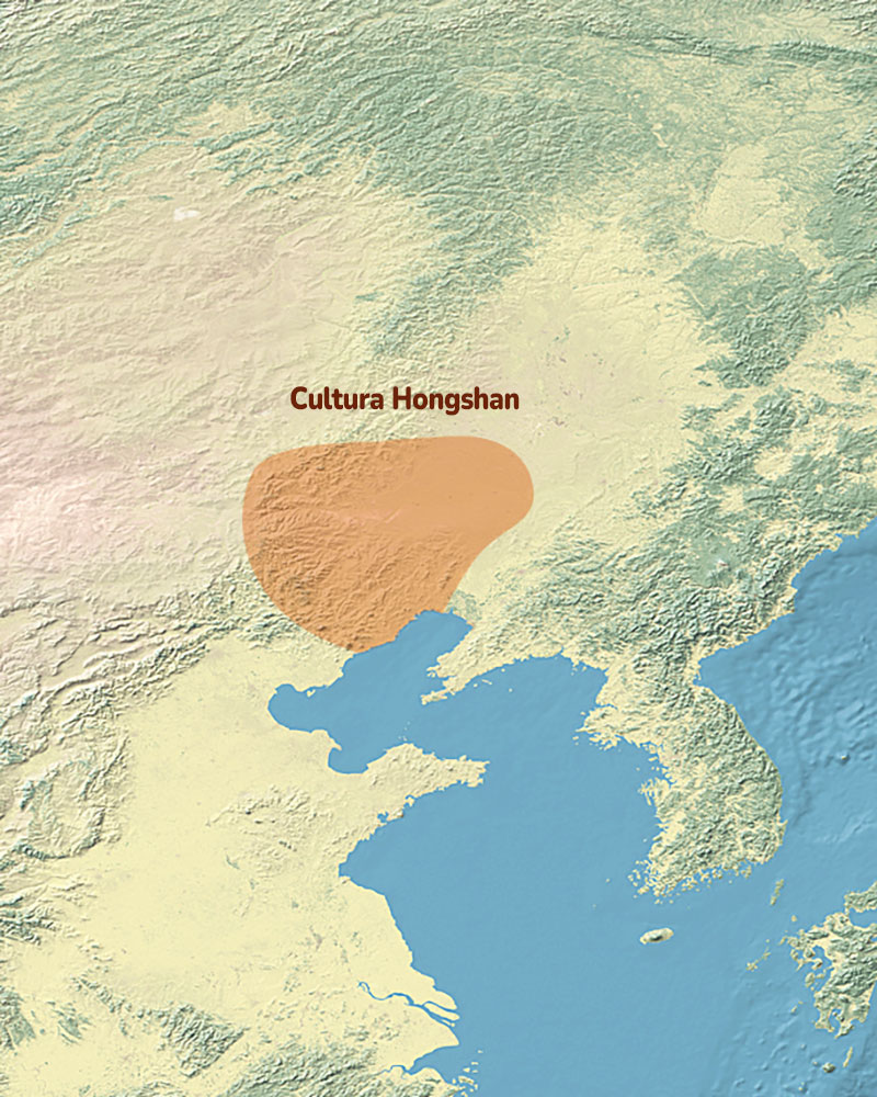 Área perteneciente a los asentamientos de la cultura de Hongshan. Gran parte de los llacimientos se encuentran en la provincia de Liaoning. Mapa: naturalearthdata.com, dominio público, CC BY-SA 4.0.