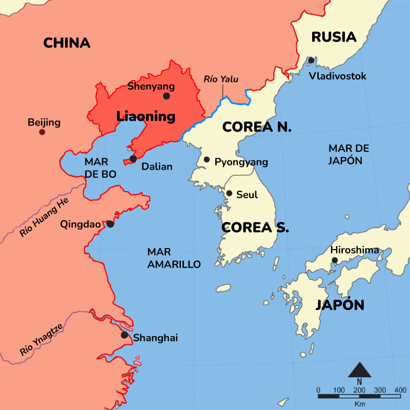 Mapa del área geográfica de la provincia de Liaoning, la única del nordeste de China con salida al mar, y frontera con Corea del Norte siguiendo el ruso del río Yalu. Mapa: javierperez.info con fuente de Norman Einstein, CCbySa4.0.