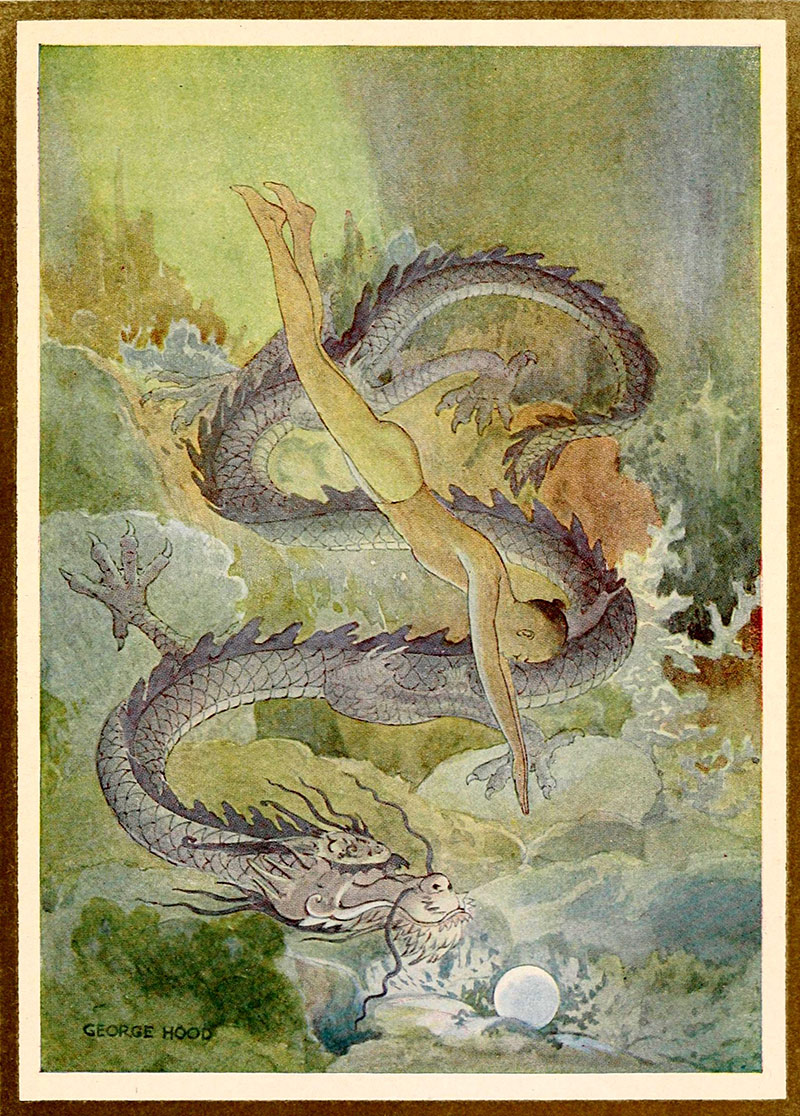 Un pescador bucea para rescatar una perla custodiada por un dragón negro. Dibujos: Richard Wilhelm. Wikinedia para «Chinese Fairy Book». Dominio público.