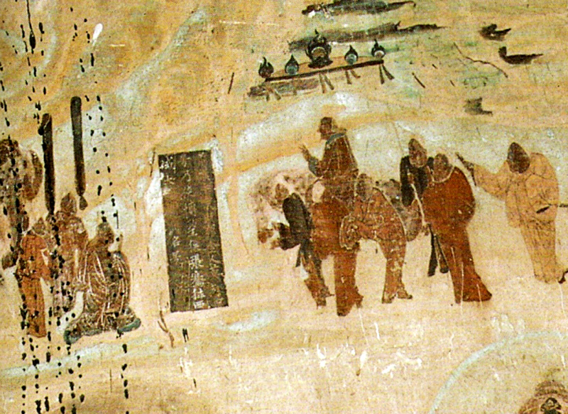 Los viajes de Zhang Qian representados en uno de los murales de las grutas de Mogao, en Dunhuang, en el corredor de Heixi. Foto: Wikimedia commons, dominio público.