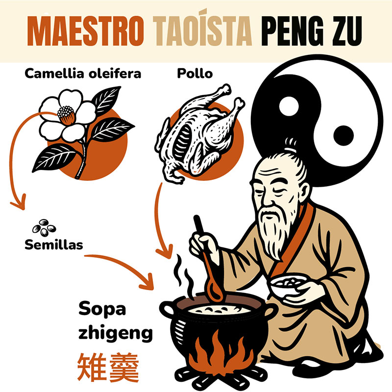 Peng Zu y los ingredientes de su milagrosa sopa de pollo. Infografía de javierperez.info realizada con ayuda de un motor generativo de imágenes.