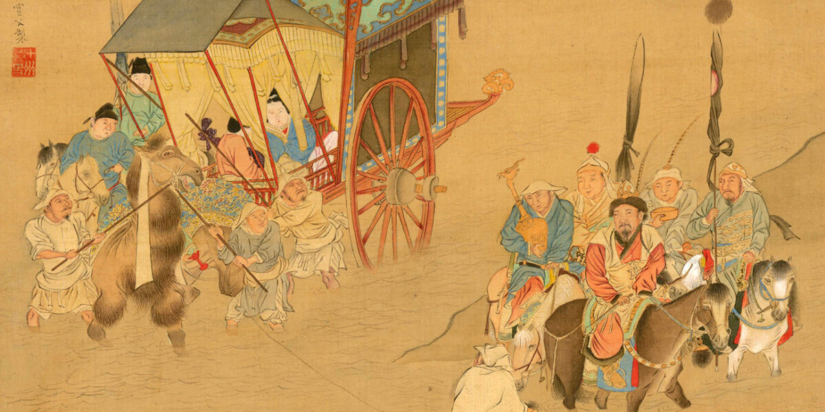 Fragmento de un álbum de la Dinastía Ming obra de Qiú Yīng (仇英) en el siglo XVI. Muestra a Wang Zhaojun llegando con los Xiongnu a su imperio nómada estepario.Foto: Wikimedia commons, dominio público.