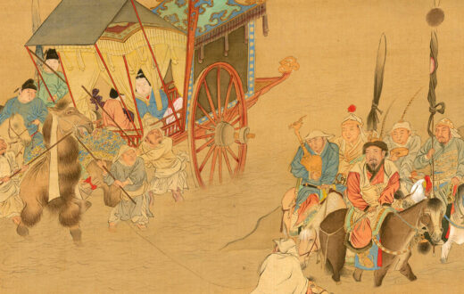 Fragmento de un álbum de la Dinastía Ming obra de Qiú Yīng (仇英) en el siglo XVI. Muestra a Wang Zhaojun llegando con los Xiongnu a su imperio nómada estepario.Foto: Wikimedia commons, dominio público.