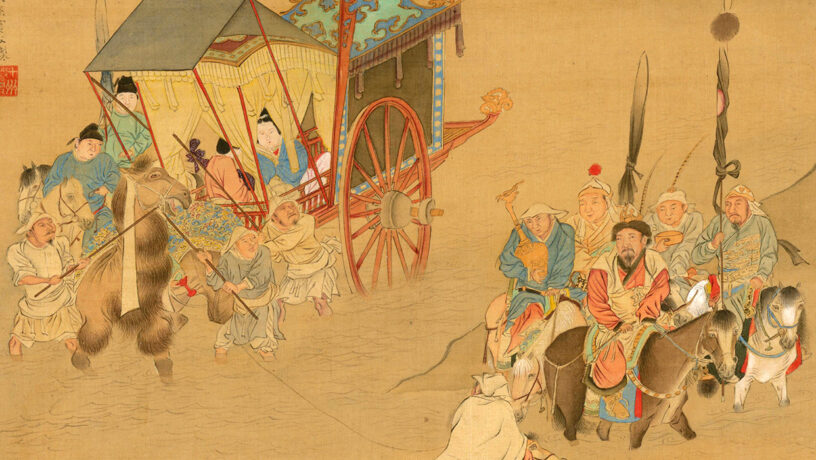 Fragmento de un álbum de la Dinastía Ming obra de Qiú Yīng (仇英) en el siglo XVI. Muestra a Wang Zhaojun llegando con los Xiongnu a su imperio nómada estepario.Foto: Wikimedia commons, dominio público.