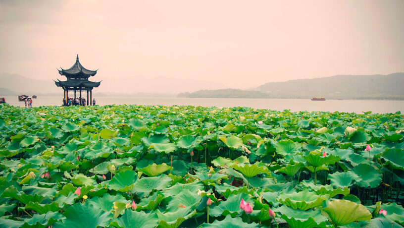 Zhejiang o la seda: Pabellón en el lago del Oeste de Hangzhou. Foto: 123Rf.