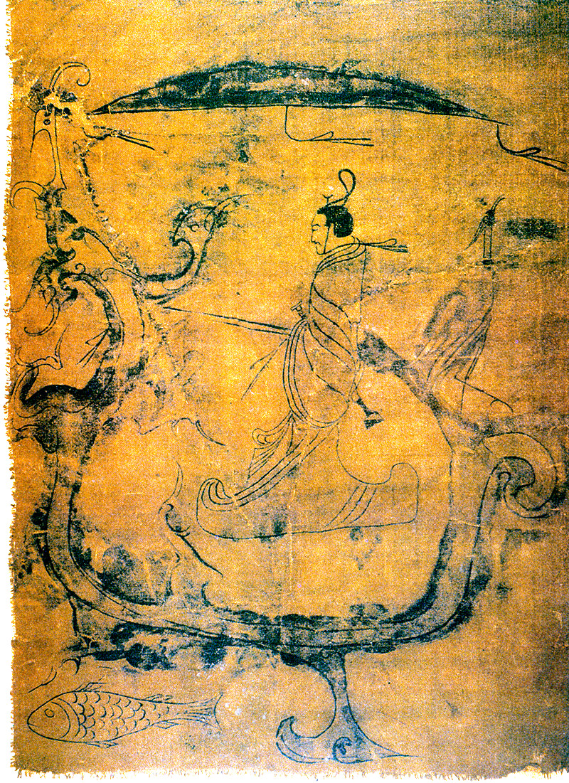 Mitos y leyendas del dragón chino: pintura sobre seda del siglo V antes de cristo. Representa un mago preguntando a un dragón para ir al cielo. Foto: Wikipedia.