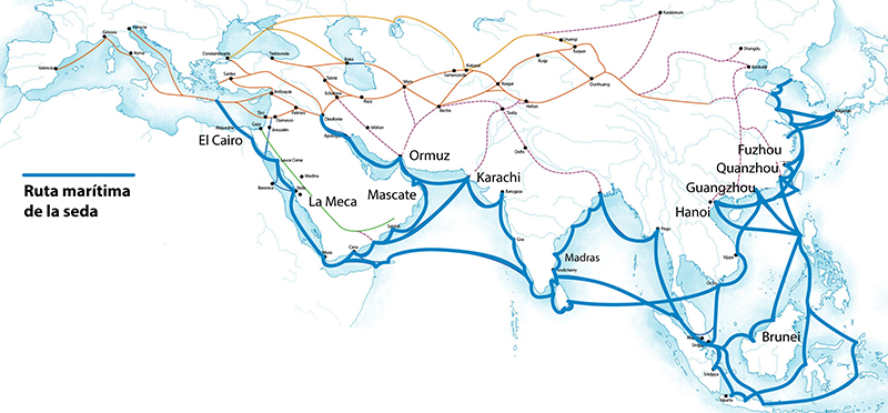 Rutas marítimas chinas: mapa con la ruta marítima de la seda resaltada. Fuente: UNESCO.