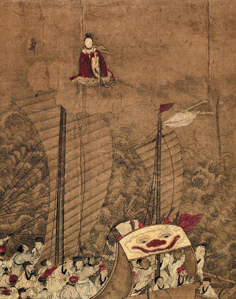 La diosa mazu aparece en un barco. Wikimedia commons para «Mazu in art», dominio público.