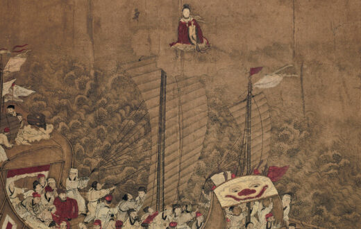 La diosa mazu aparece en un barco. Wikimedia commons para «Mazu in art», dominio público.