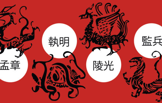 Las cuatro bestias de la mitología china: Dragón Azul, Tortuga Negra, Pájaro Bermellón y Tigre Blanco, junto con sus nombres en chino. Las figuras están realizadas a partir de las imágenes neolíticas encontradas en China y realizadas con conchas de cauri. Ilustración: Javier Pérez.