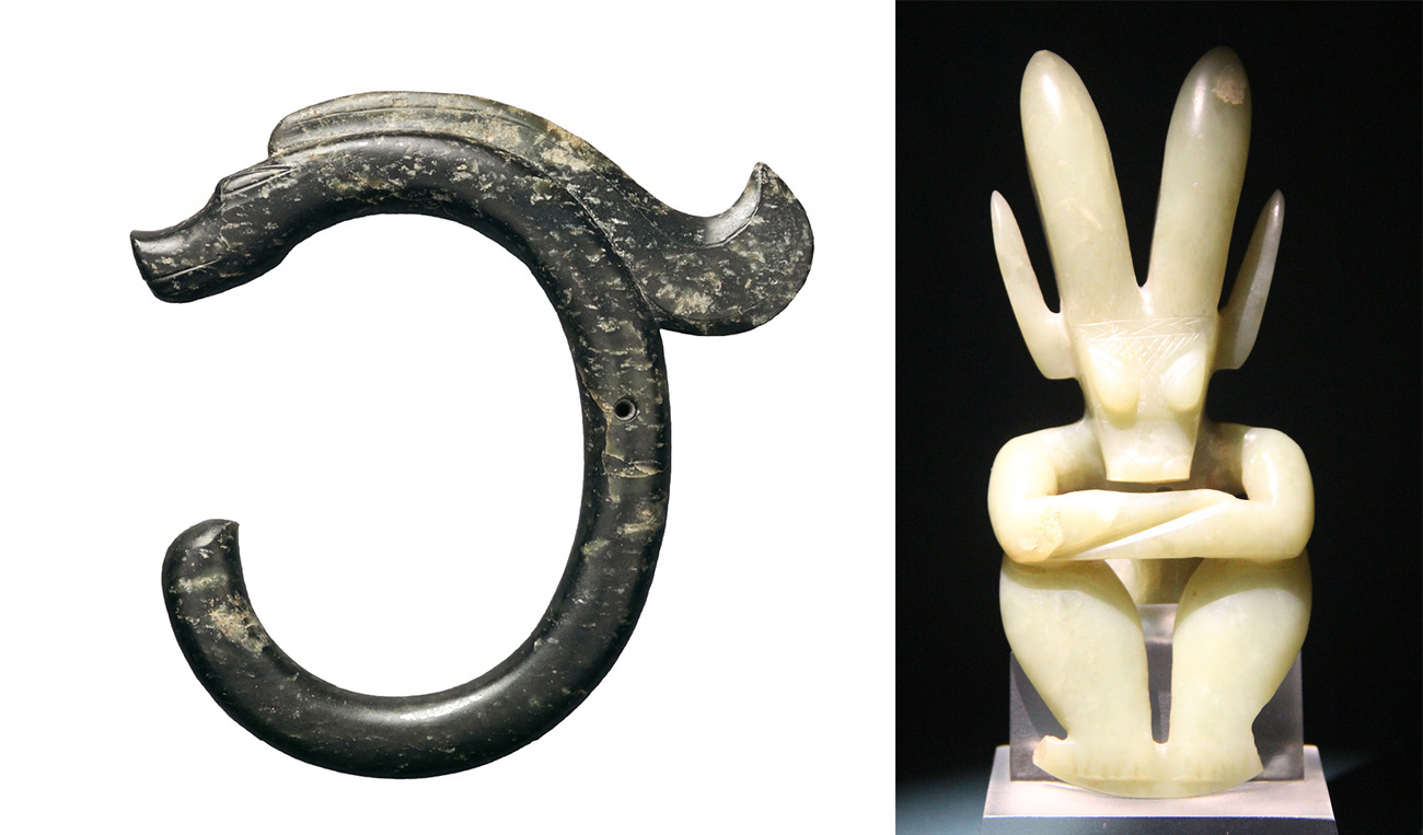 Izquierda: dragón tallado en jade de la cultura neolítica Hongshan. Derecha: humanoide-dragón de la misma cultura que se desarrolló entre el 4700 - 2900 a. C. Fotos: National Museum of China y Wikipedia.