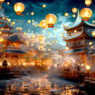 Zhongyuan, el festival de los fantasmas: fabulación generada por IA con las típicas linternas hedeng, también conocida como linterna de loto. Foto: 123RF.
