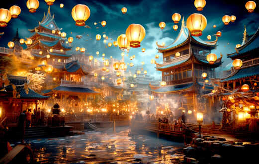 Zhongyuan, el festival de los fantasmas: fabulación generada por IA con las típicas linternas hedeng, también conocida como linterna de loto. Foto: 123RF.