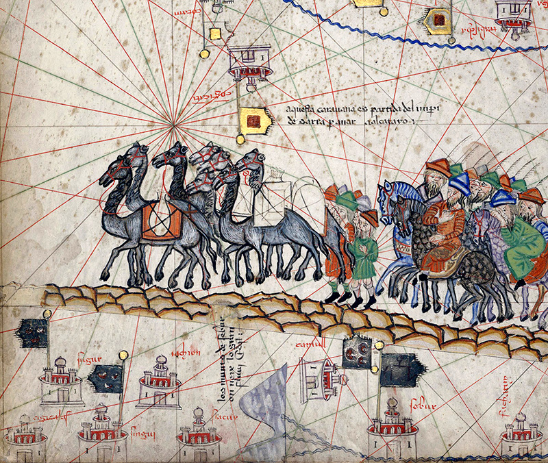 Caravana en la Ruta de la Seda en el libro «Atlas catalán». Foto: Wikimedia commons, dominio público.