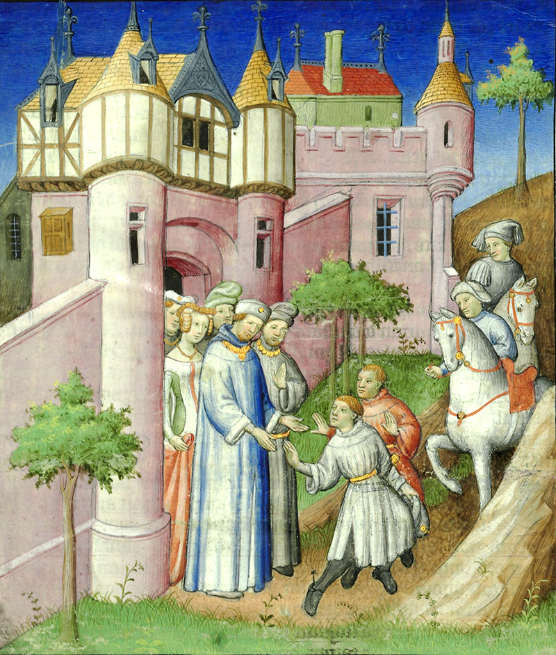 Los Polo en su salida de Constantinopla. 1259-1260. "Libro de las maravillas», siglo XV. Wikimedia commons, dominio público.
