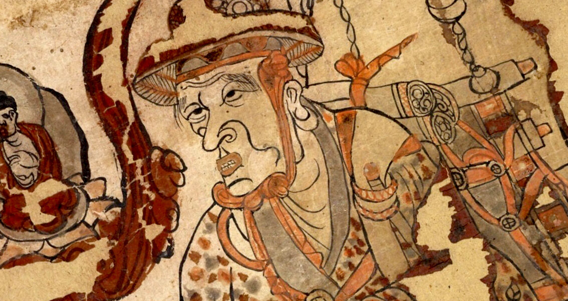 Detalle del fresco que representa al monje budista Xuanzang (1851-900) en las cuevas de Mogao, en Dunhuang, siglo IX. Está extraída de la cueva 17. Colección del museo Británico. Wikimedia commons, dominio público para «Xuanzang».