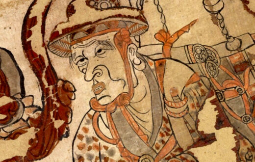 Detalle del fresco que representa al monje budista Xuanzang (1851-900) en las cuevas de Mogao, en Dunhuang, siglo IX. Está extraída de la cueva 17. Colección del museo Británico. Wikimedia commons, dominio público para «Xuanzang».