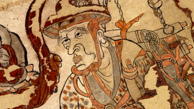 Detalle del fresco que representa al monje budista Xuanzang (1851-900) en las cuevas de Mogao, en Dunhuang, siglo IX. Está extraída de la cueva 17. Colección del museo Británico. Wikimedia commons, dominio público para «Xuanzang».