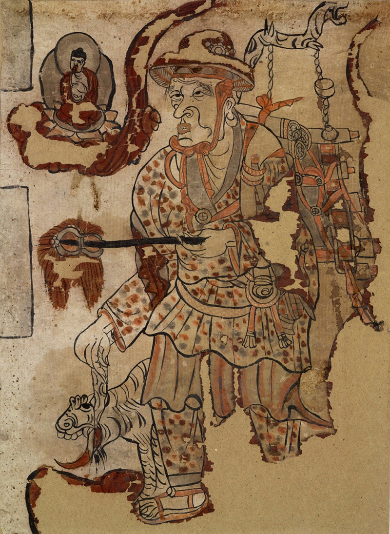 El fresco de Xuanzang (1851-900) en las cuevas de Mogao, en Dunhuang. El fresco está datado alrededo del siglo IX, contemporáneo al famoso monje. Está extraída de la cueva 17. Colección del museo Británico. Wikimedia commons, dominio público para «Xuanzang».