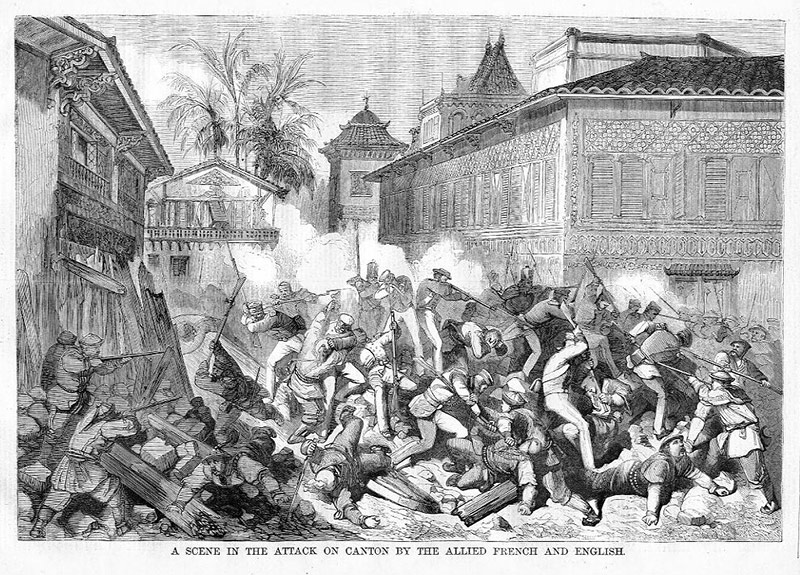Ataque sobre la Puerta Oeste de Guangzhou durante la segunda Guerra del Opio en 1858. Imagen: Illustrated times. Publicada en Harper's Weekly, April 1858. Wikimedia commons, domino público.