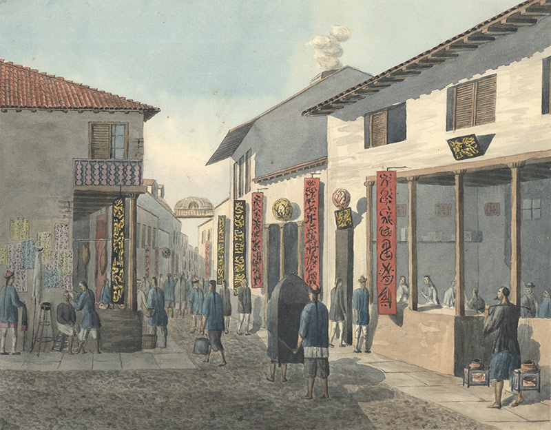Dibujo de una calle de Guangzhou en 1830. Dibujo de Frederik von Scholten. Wikimedia commons, dominio público.
