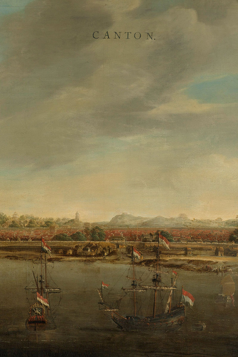 Cantón, visto desde el mar. En primer plano dos barcos holandeses. Cuadro de Johannes Vingboons, Wikimedia commons, domino público.