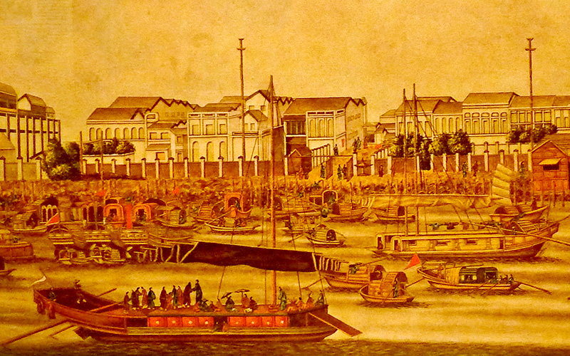 Los almacenes portuarios de Cantón durante las Guerras del Opio. Foto: Wikimedia commons, dominio público.