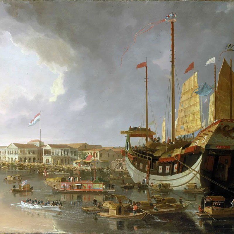 Vista de las factorias en 1805. De William Daniell - National Maritime Museum. Dominio público.