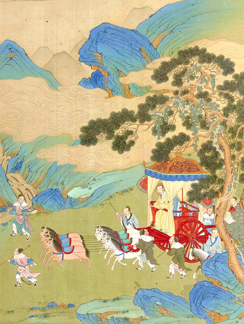 Dibujo de la comitiva del rey Mu de Zhou. Autor desconocido. Wikimedia commons, dominio público.