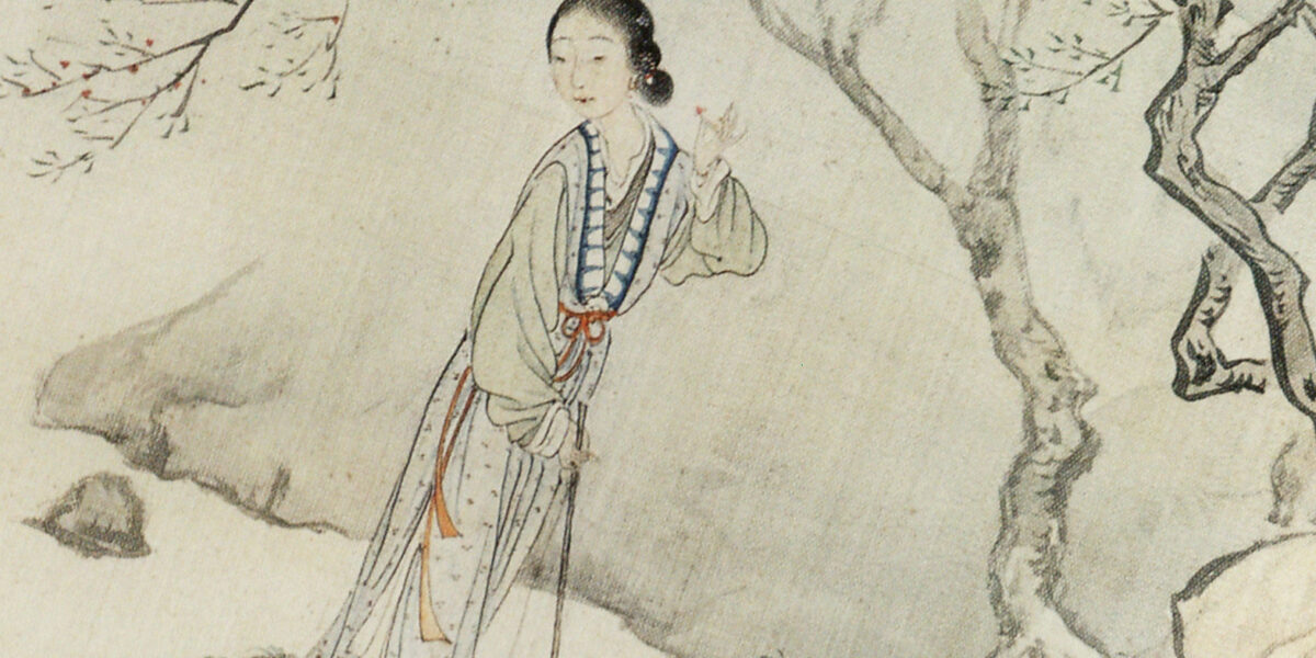 El personaje de Lin Daiyu de «Sueño en el pabellón rojo» en la pintura sobre seda titulada «Lin Daiyu enterrando flores». Wikimedia commons, dominio público para «Dream of the Red Chamber».