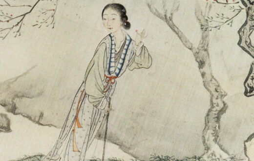 El personaje de Lin Daiyu de «Sueño en el pabellón rojo» en la pintura sobre seda titulada «Lin Daiyu enterrando flores». Wikimedia commons, dominio público para «Dream of the Red Chamber».