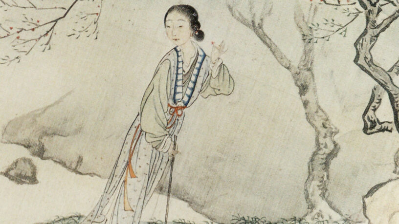 El personaje de Lin Daiyu de «Sueño en el pabellón rojo» en la pintura sobre seda titulada «Lin Daiyu enterrando flores». Wikimedia commons, dominio público para «Dream of the Red Chamber».