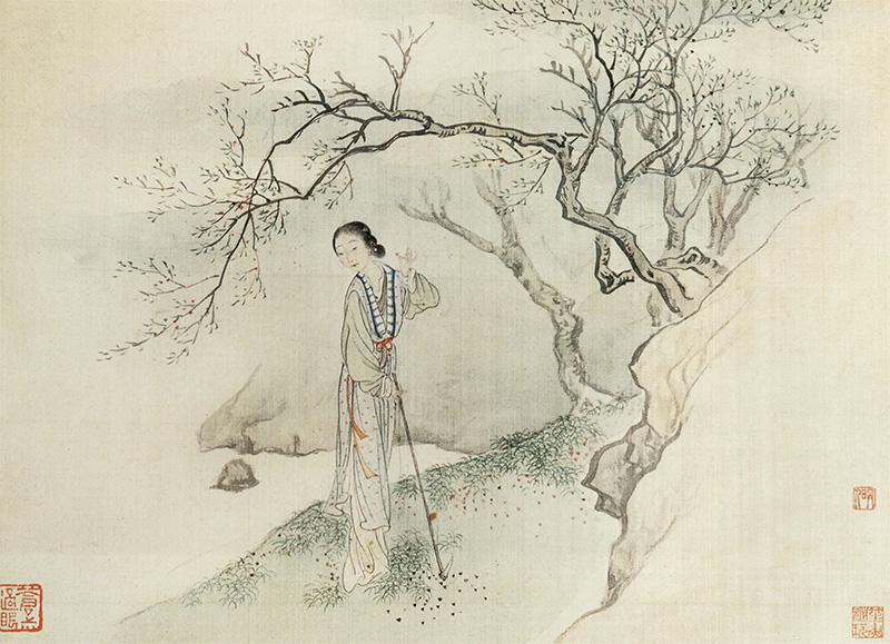 El personaje de Lin Daiyu de «Sueño en el pabellón rojo» en la pintura sobre seda titulada «Lin Daiyu enterrando flores». Wikimedia commons, dominio público para «Dream of the Red Chamber».