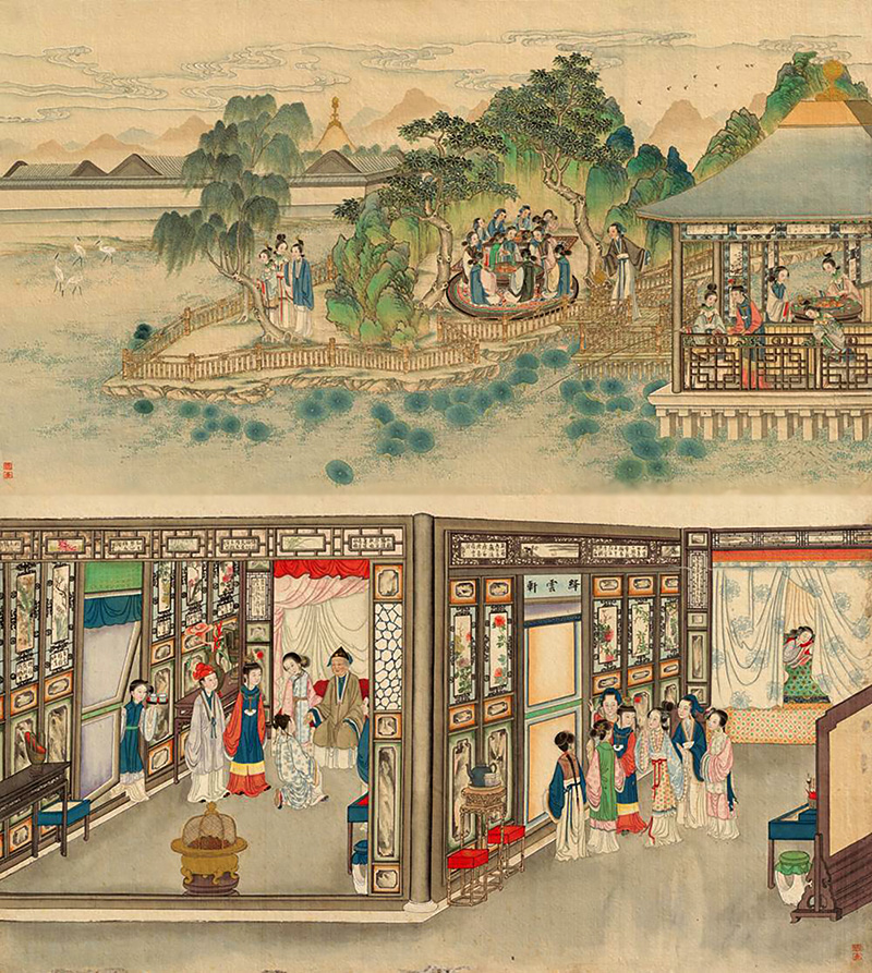 Diversas escenas del clásico, por LimSoo-jung. Wikimedia commons, dominio público para «Dream of the Red Chamber».