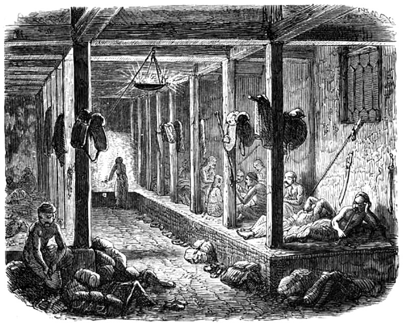 Gran cama Kang de grandes dimensiones . Posada de estancia única, ubicada al este de Tonghua, Jilin, dibujada por Henry E.M. James en 1887. Imagen de H.E.M. James, Dominio público,