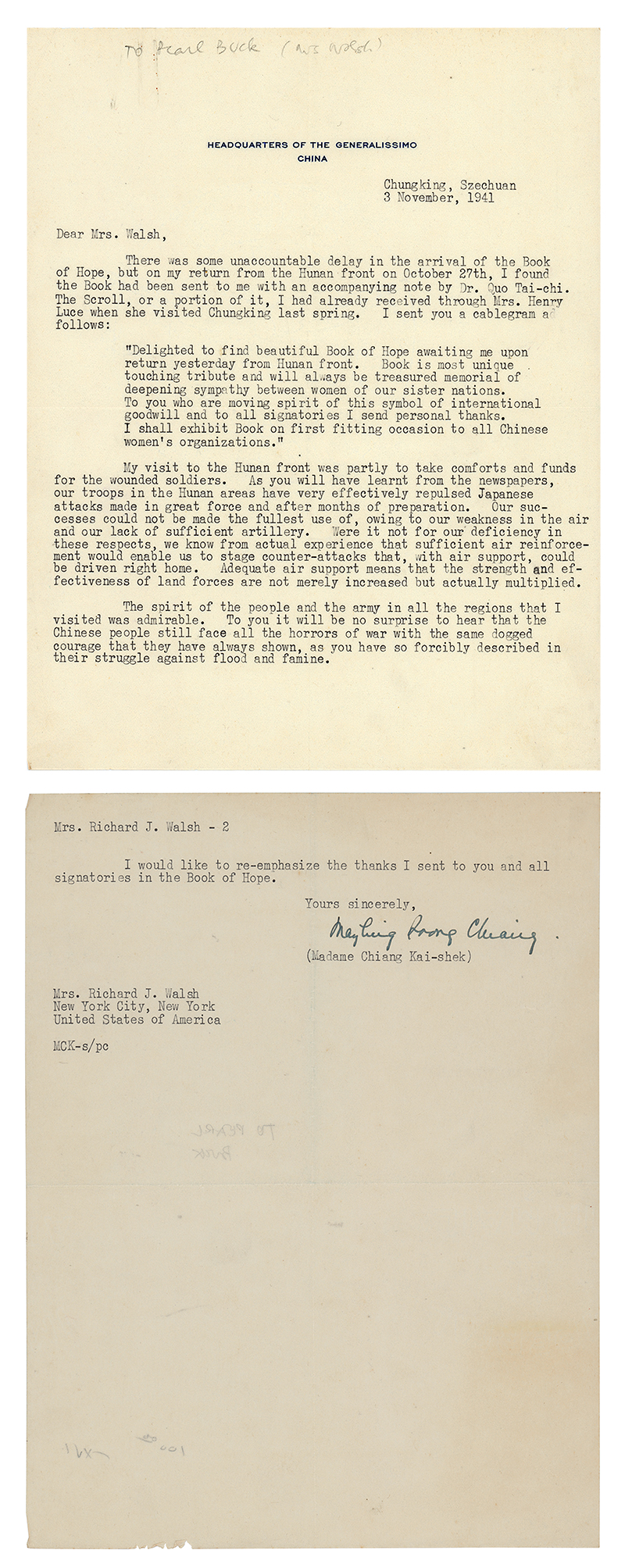 Carta a Pearl S. Buck de Soong May-Ling, 3 de noviembre de 1941. Wiikimedia commons, domino público.