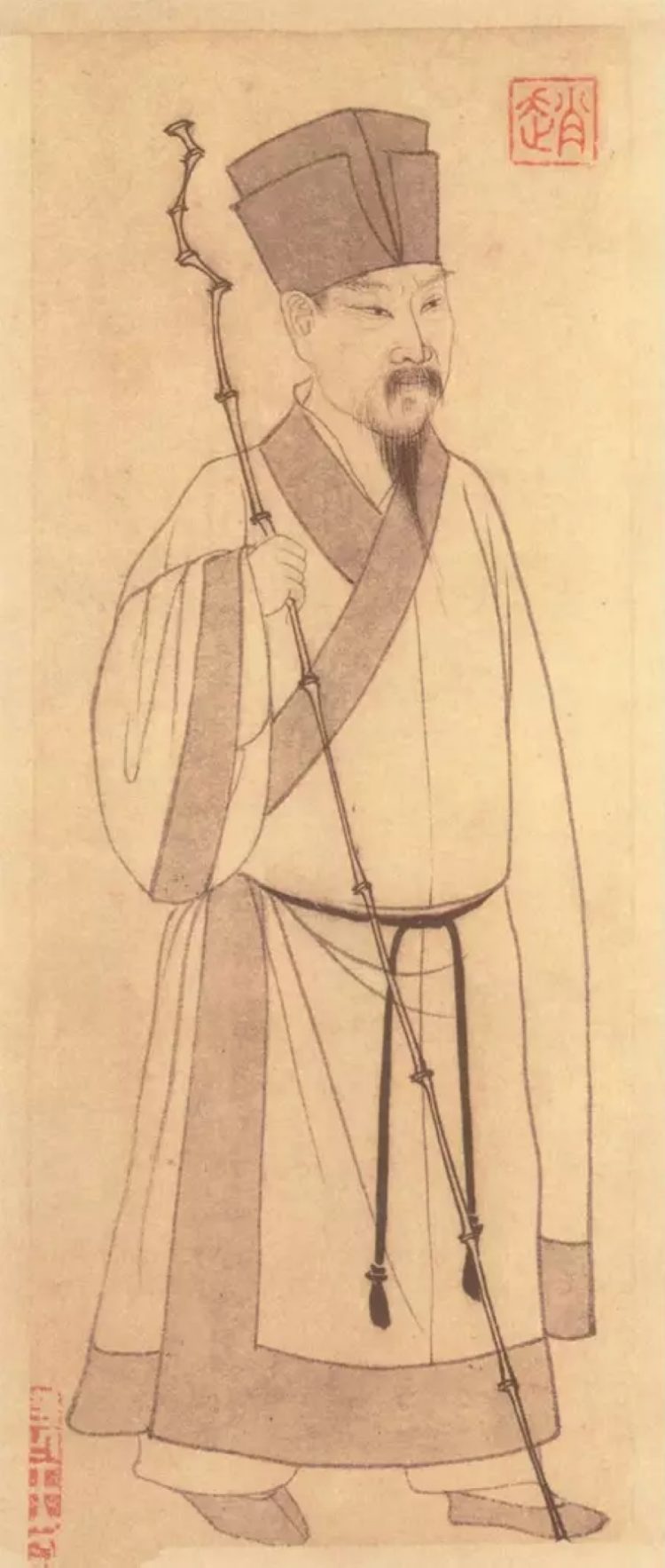 El poeta Su Shi (蘇軾) tal como aparece en la parte frontal de la obra «Poesías del Acantilado Rojo, un trabajo de caligrafía y dibujo de Zhao Mengfu. Wikimedia Commons, dominio público para «Su Shi«.