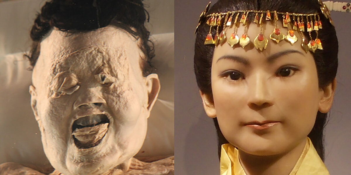 Busto de la momia de Xin Zhui (辛追; pinyin: Xīn Zhuī) fallecida en 163 a. C. A la izquierda, imagen de la momia. A la derecha, su busto en cera. Imágenes de Wikimedia Commons, dominio público.