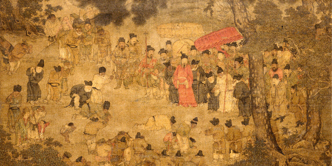 El emperador Suzong dando la bienvenida al anterior emperador Xuanzong en el puesto de Wanxian, cerca de la capital Chang'an. Fragmento del cuadro. Museo de Shanghái. Wikimedia commons, dominio público para Tang Suzong.