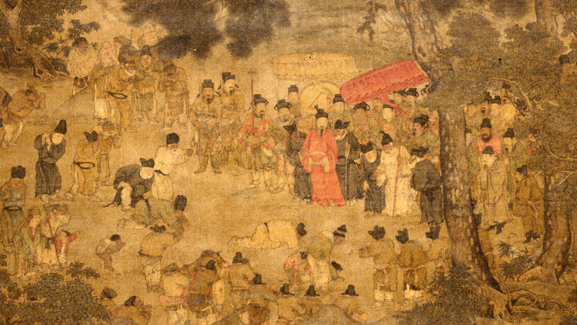 El emperador Suzong dando la bienvenida al anterior emperador Xuanzong en el puesto de Wanxian, cerca de la capital Chang'an. Fragmento del cuadro. Museo de Shanghái. Wikimedia commons, dominio público para Tang Suzong.