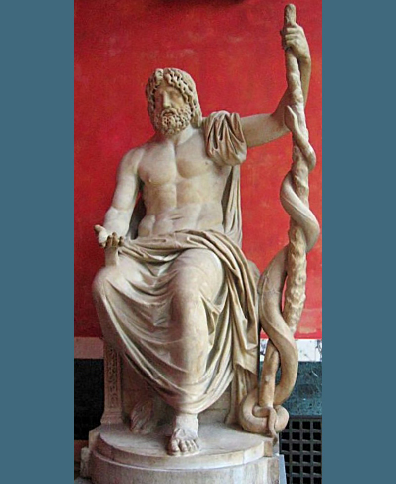 En la antigua Roma, el dios Esculapio (de la Medicina) adoptaba la silueta de una serpiente, lo que ha dado forma al símbolo que todavía hoy en día usan los médicos y farmacéuticos occidentales para representar su profesión. Foto: Wikipedia.