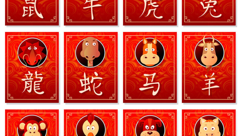 Los doce animales del horóscopo chino en formato caricatura, con sus correspondientes ideogramas. Foto: 123RF.